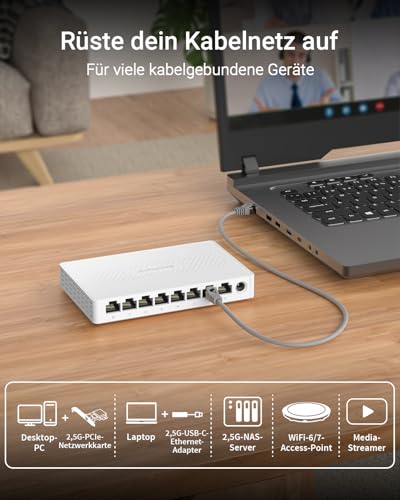 BrosTrend 8 x 2.5 Gigabit Ports Ethernet Network Switch, 2.5 Gbps Unmanaged LAN Switch 8 Port for Home or SOHO Networks Fanless Desktop/Wall Mounting Plug and Play, Lifetime Protection LAN Splitter