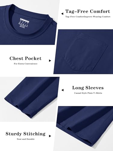 Cavva Men's Cotton Long Sleeve T-Shirt with Pockets Basic Crew Neck Long Sleeve Fall Tops