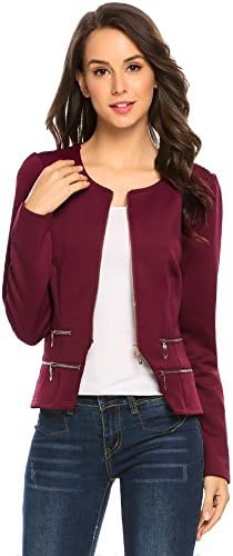 ThinIce Women's Casual Collarless Cardigan Office Blazer Zipper Work Jacket