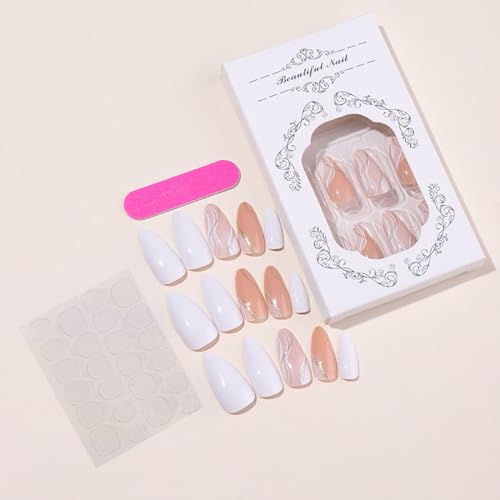 Almond Press on Nails Medium Fake Nails Glitter Gold Line Design Glue on Nails White False Nails Full Cover Nude Acrylic Nails Glossy Stick on Nails Fall Artificial Nails for Women Manicure 24Pcs - Image 3
