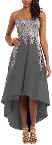 SHNE Women's Elegant Strapless Beaded Floral Lace Empire Asymmetrical Prom Dess Corset Formal Dress Gray US2
