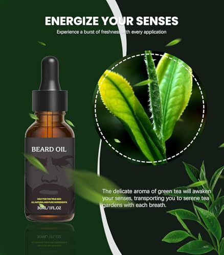 Beard Oil, Pure Natural Beard Growth Oil Moisturizing Softener, Beard Growth Products for Patchy, Father's Day, Perfect Gifts for Men Husband Boyfriend Dad, with Green Tea Scent (30 ml)