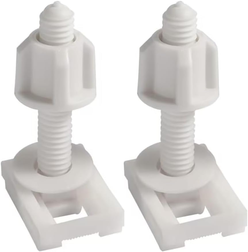 2Pcs White Plastic Toilet Seat Screws and Nuts with Washers, Hinge Bolts Replacement Parts for Mounting Toilet Seats and Lids