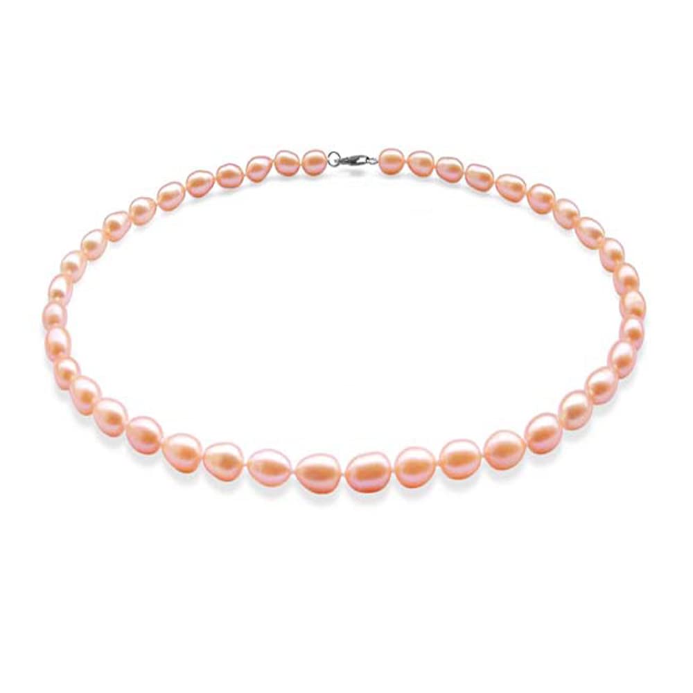 Treasure Bay Women's Pearl necklace - Elegant and Classic 7-8mm Rice Shape Natural Pearl Necklace 46cm Colour Choice White/Pink/Black/Grey/Purple/Multicolour (Pink)