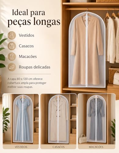 kit 5 Capa Protetora para Roupas com Zíper Transparente 60x120cm – Anti Poeira, Anti Mofo, para Terno, Vestido, Casaco, Jaqueta e Guarda-Roupa (5)