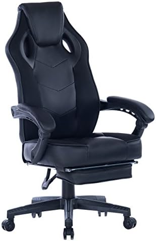 Killbee Large Reclining Gaming Chair with Footrest  High-Back Executive Office Swivel Chair Mesh Leather Bucket Seat with Adjustable PU Padding Armrest Computer Chair(Black)