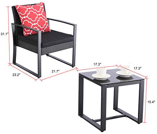 Do4U 3 Pieces Patio Set Outdoor Wicker Patio Furniture Sets Modern Bistro Set Rattan Chairs with Coffee Table Porch Backyard Pool Garden Chairs Set (631-BLK-BLK)