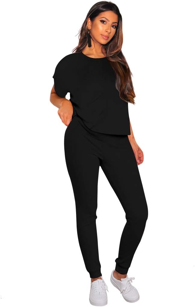 Selowin Women Short Sleeve Pullover Sweatpants 2 PCS Tracksuit Jogger Sweatsuit Black L