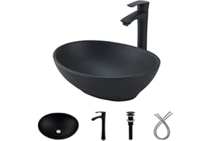 Oval Black Vessel Sink with Faucet and Drain Combo -Bokaiya 16x13 Ceramic Bathroom Sink Above Counter Vessel Sink Oval Porcelain Ceramic Bathroom Lavatory Vanity Sink Art Basin Set