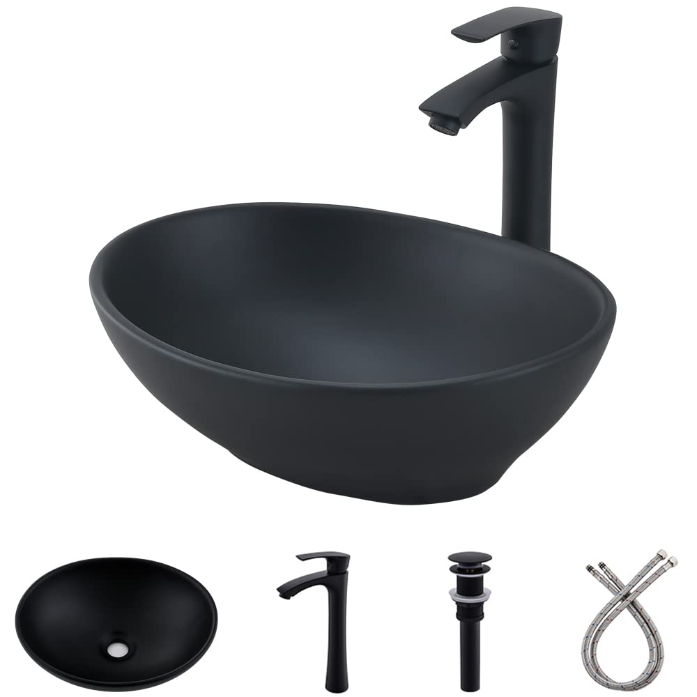 Photo 1 of Oval Black Vessel Sink with Faucet and Drain Combo -Bokaiya 16x13 Ceramic Bathroom Sink Above Counter Vessel Oval Porcelain Ceramic Bathroom Lavatory Vanity Sink Art Basin Set