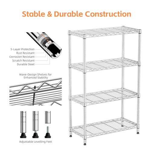 MZG 454kg Capacity Heavy Duty 4-Tier Metal Storage Shelving Unit with Wheels, Adjustable Wire Rack Organizer for Garage, Kitchen, Bathroom, or Laundry (Chrome, 35L x 75W x 120H cm)