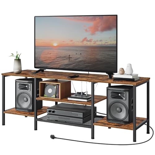 3 Tier TV Stand Table for Living Room, 140 cm TV Shelf for up to 40-65 Inch, TV Unit with Charging Station, Industrial TV Entertainment Center with Open Shelves for Bedroom, Rustic Brown EBF40KDS01