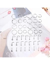 Thunaraz 45PCS 20G Stainless Steel Nose Ring Hoop Nose Studs Screws Hoop Tragus Cartilage Hoop Piercing Jewelry