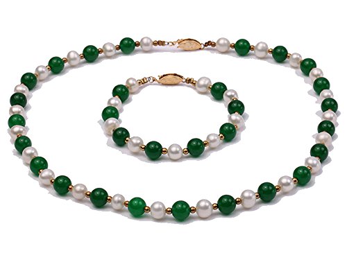 JYX 7-8mm White Freshwater Pearl & Green Jade Beads Necklace and Bracelet