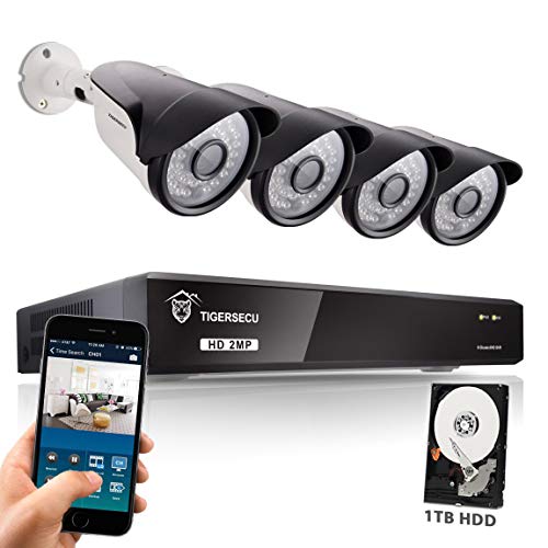 TIGERSECU Super HD 1080P H.265+ 8-Channel Security Camera System, DVR/NVR Recorder with 1TB Hard Drive and 4-1080P Weatherproof Security Cameras, Supports Analog and ONVIF IP Cameras