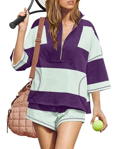 ReachMe Womens Workout Striped Short Sets Matching Lounge Sets (Dark Purple,S) at Amazon