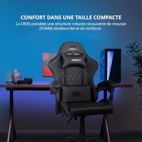 DR35 - Chaise Professionnelle, Similicuir, Accoudoirs rembourrés, Piston Classe 3, Base en Nylon renforcé, Siège inclinable, Hauteur réglable, Coussin Lombaire/Cervical, Noir