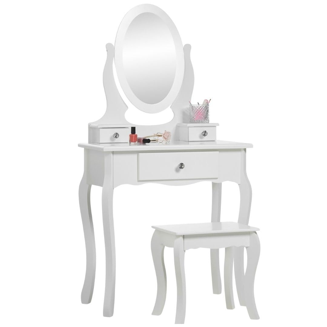 Runesol Girls Dressing Table (Age 8-13yrs) with Mirror and Stool, Gift for Girls, Kids Dressing Vanity Table Set with Crystal Knobs and Chair, Children's Dressing Tables