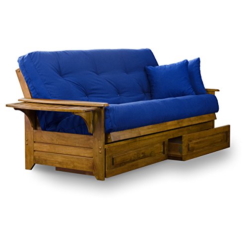 Nirvana Futons Brentwood Tray Arm Futon Frame, Drawers, and Royal Blue Mattress Set Queen