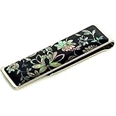 Antique Alive Mother of Pearl Slim Stainless Steel Metal Money Clip Holder Credit Business Card Wallet (Peony Black)