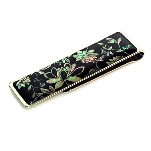 Antique Alive Mother of Pearl Peony Flower Design Slim Stainless Steel Mens Metal Black Money Clip Holder (L101)