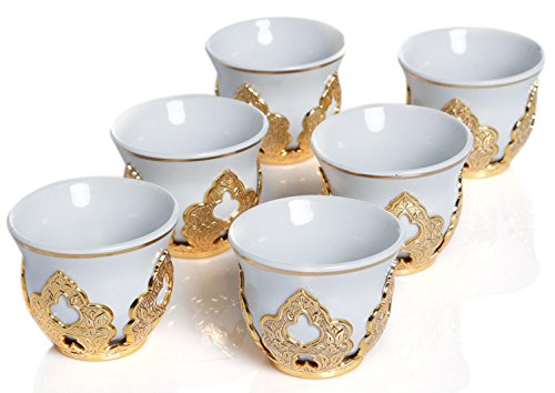 Set Of 6 Arabic Turkish Greek Coffee Mirra Porcelain Cups With Holders Kava Gava (Gold) (8690504010906)