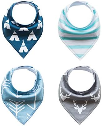 4PCS Baby Bandana Drool Bibs with Snaps, Unisex 4-Pack Set, for Drooling and Teething Babies, Soft, Absorbent &amp; Hypoallergenic, by Hawkko (Tower/Arrow/Deer/Strip - 4PCS)