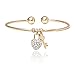 Yellow Gold Plated Brass Open Bangle Bracelet with Heart and Key Shape Pendant