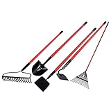GardenAll Long Handle Garden Tools Set - Include Round Point Shovel /12 Guage Garden Hoe/Steel Rake/Bow Rake/Garden Scraper with Fiberglass Handle-5 Pieces