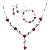 Blue Drop 3 Pcs 18 Gold Plated Necklace Long Pendant Necklace For Women Red Rose Pendent Bracelet Flower Jewelry Rose Dangle Earrings Set For Birthday Party Wedding Mother’s Day