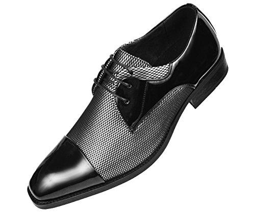 Amali Mens Two Tone Metallic and Black Patent Cap Toe Oxford, Lace-Up Tuxedo Dress Shoe