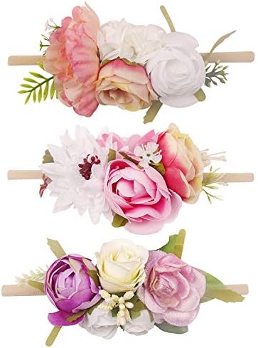 Baby Girl Floral Nylon Headband Elastic Hair Band Bows Flower Wraps For Newborn Infant Toddler Pack of 3