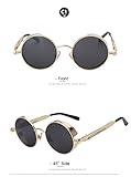 Round Metal Sunglasses Steampunk Men Women Fashion Glasses Brand Designer Retro Vintage Sunglasses UV400, Gold Frame Black Lens.