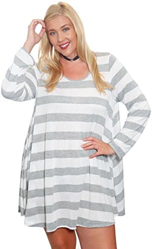 Hot Ginger Plus Size Women's Long Sleeve Top (White Grey Stripe, 2X)