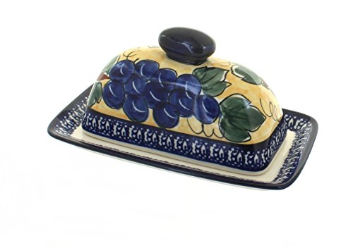 Click Here to See More Images Polish Pottery Grapes Butter Dish with Cobalt Trim
