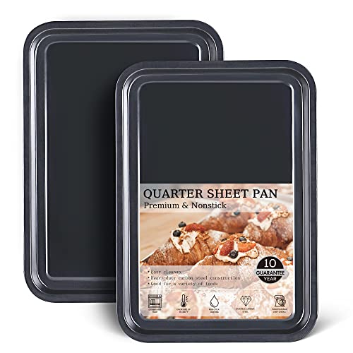 HONGBAKE 2 Pack Quarter Sheet Pan for Baking - Nonstick 13.8 x 9.8 Small Cookie Sheet with Wider Grips, 27% Thicker Carbon Steel Commercial Oven Tray - Black