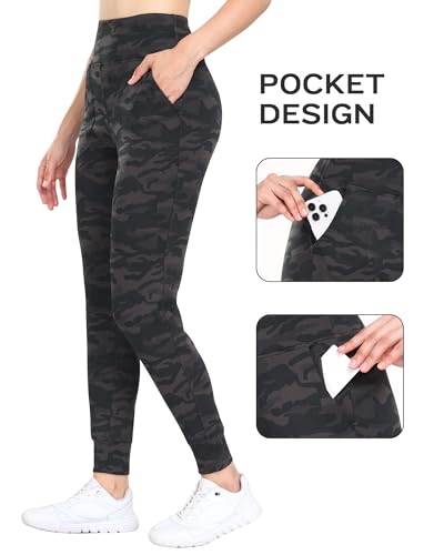 WHOUARE WOMEN’S JOGGERS PANTS WORKOUT ATHLETIC LEGGINGS WITH POCKETS HIGH WAISTED GYM RUNNING YOGA PANTS CAMO GRAY-L