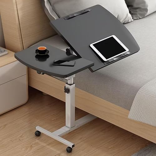 ZERIFAM Movable Computer Desk with Wheels, Adjustable Overbed Table, Tilting Desktop, Rolling Laptop Desk for Bed, Sofa, Or Hospital Use, Mobile Standing Desk for Laptop, Notebook, And Meals (BLACK)
