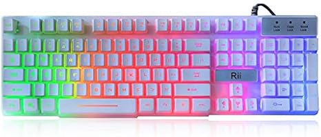 Rii RK100+ White Gaming Keyboard,USB Wired Multiple Colors Rainbow LED Backlit Large Size Mechanical Feeling Ultra-Slim...