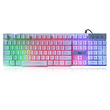 Rii RK100+ White Gaming Keyboard,USB Wired Multiple Colors Rainbow LED Backlit Large Size Mechanical Feeling Ultra-Slim Multimedia Keyboard Non-Slip for Gaming and Working