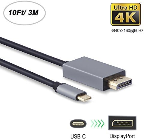AllEasy USB-C to DisplayPort Cable 4K@60Hz Long Displayport to USB C cable Male to Male for New Macbook Pro 2017/2016, iMac 2017, Samsung Galaxy S8 , Dell XPS (10ft, Aluminium Case, Gold Plated)