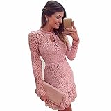 GBSELL Fashion Women Lady Sexy Pink Hollow Lace Long Sleeve Slim Dress Party Evening Dress (Pink, M)