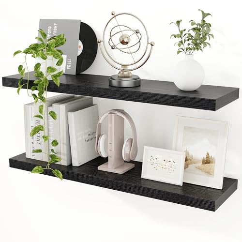 Feihorrm Wandregal Holz Schwarz, Extra Breit 23,5 cm, 90cm Wandboard 2er Set, Schweberegal aus MDF Holz, Regal Wand, Regalbrett für Küche, Wohnzimmer,