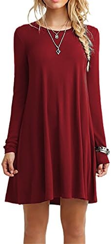 CPOKRTTWSO Women's Casual Dress Plain Flowy Long Sleeves T-shirt Loose Dress Burgundy M
