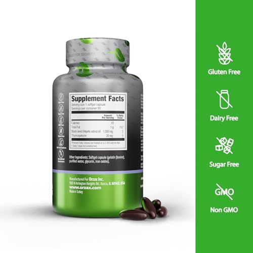 ORZAX Black Seed Oil Capsules, 90 Days Supply, 2% Thymoquinone, Non-GMO, Gluten Free, Cold Pressed Black Cumin Pills, Nigella Sativa Supports Immune System, Joints, Hair Growth, Skin