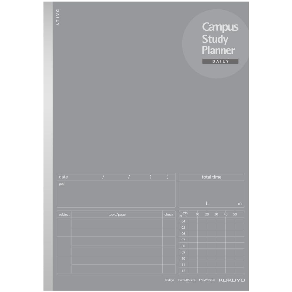 KOKUYO Campus Study Planner Notebook, Daily Ruled, Semi-B5, Gray, for 63 Days, Japan Import (NO-Y80MD-M)