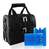 VOMONO Large Insulated Lunch Bag Double Decker Cooler with 2 Ice Packs Cooler Tote Bag with 50'' Shoulder Strap Waterproof Meal Prep Bento Box for Men, Women