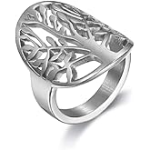 HUKQBUNX 925 sterling silver hollow oval tree of life Vintage Women's stainless steel ring for teenagers Size 7-11 (Size 7)