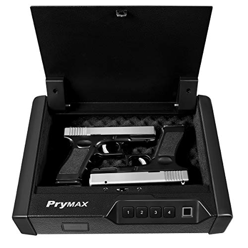PRYMAX Biometric Gun Safe, Smart Handgun Safe with 4 Digits Code, Quick Fingerprint Access Gun Box with Auto-Open lid, 2 Pistol Capacity, Gun Cabinet for Home, Personal and Car Security