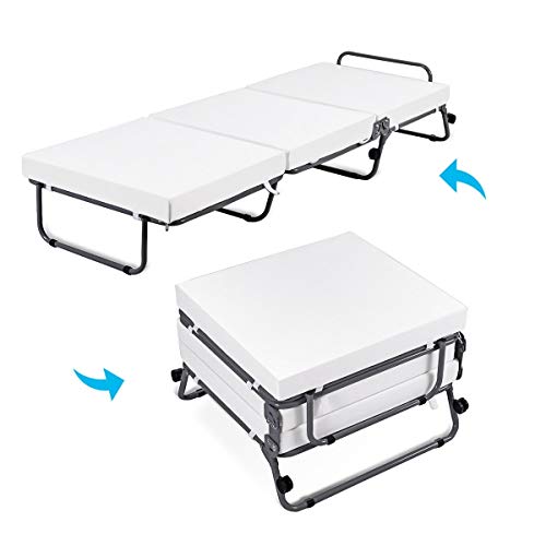 Folding Ottoman Mattress Convertible Sofa Bed with Casters Lounge Sleeper Polyester Fabric Surface (White)